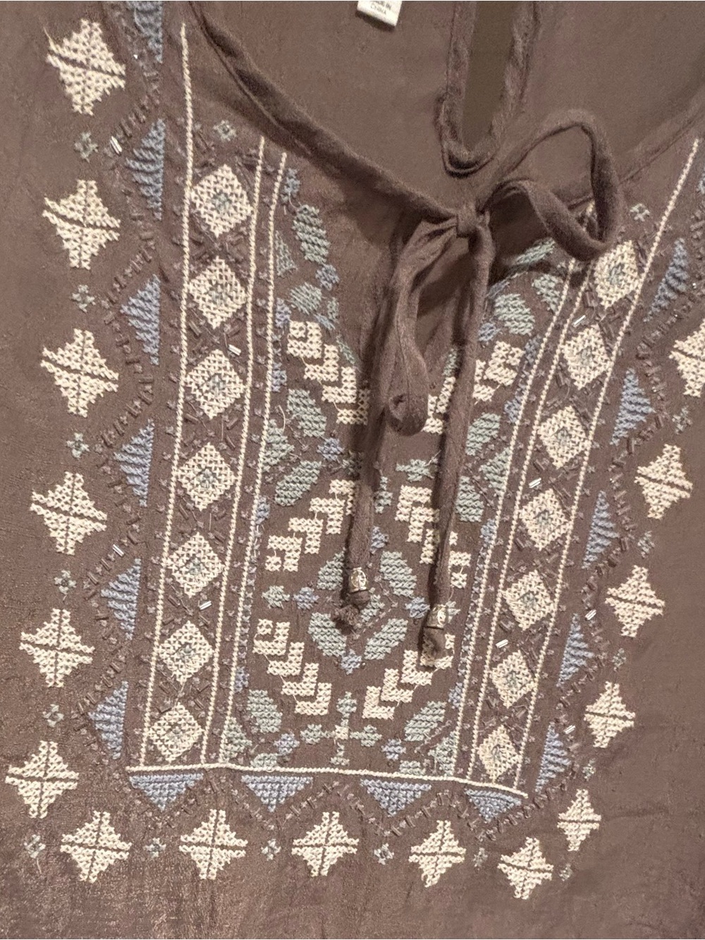 dressbarn Taupe Boho Embroidered Tie-Neck Tunic with beading - Picture 4 of 5